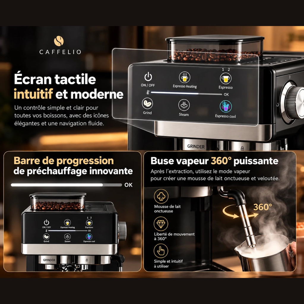 Écran tactile de la Caffelio One avec barre de préchauffage et buse vapeur 360°