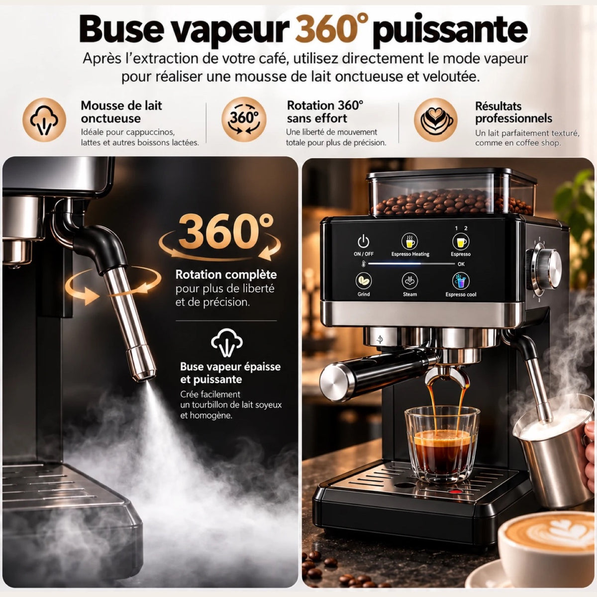 Buse vapeur 360° de la Caffelio One pour une mousse de lait onctueuse, idéale pour cappuccino et latte