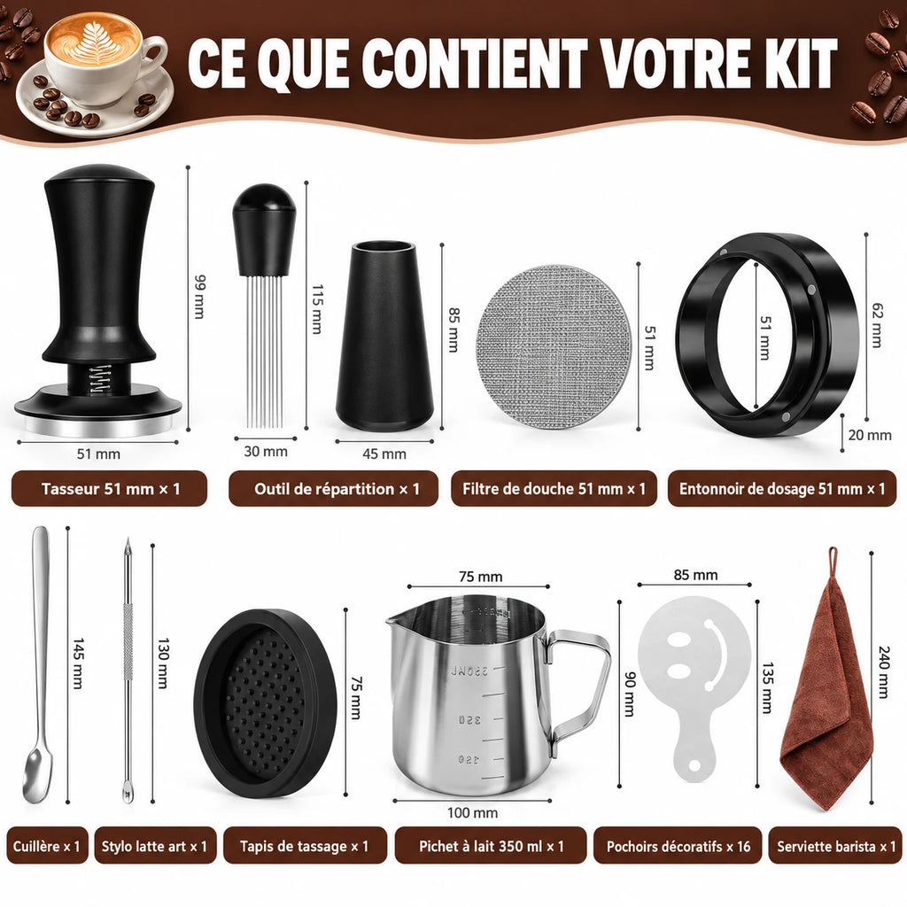 Caffelio BaristaKit Black – Kit d'accessoires barista 10 pièces 51 mm