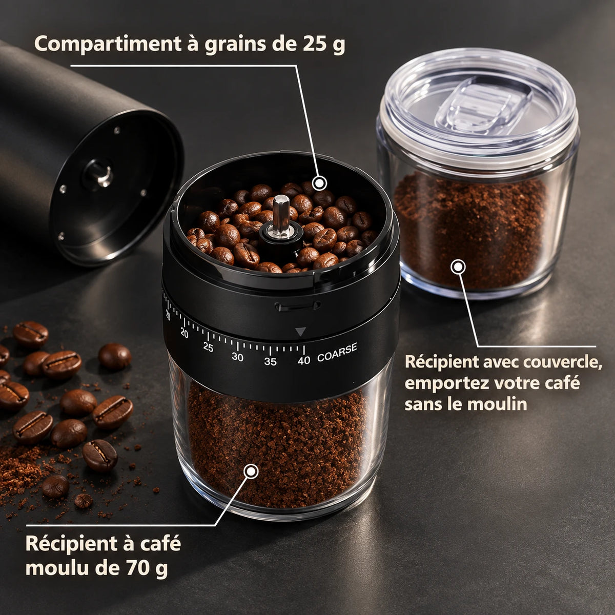 Caffelio GrindPro Black – Moulin à café électrique portable rechargeable