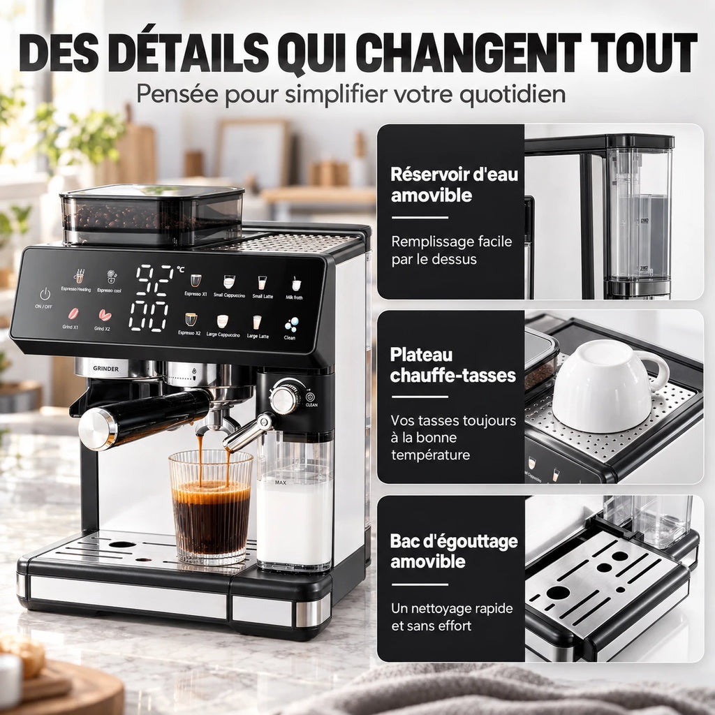 Caffelio Maestro Black – Machine à espresso avec broyeur intégré et mousseur automatique