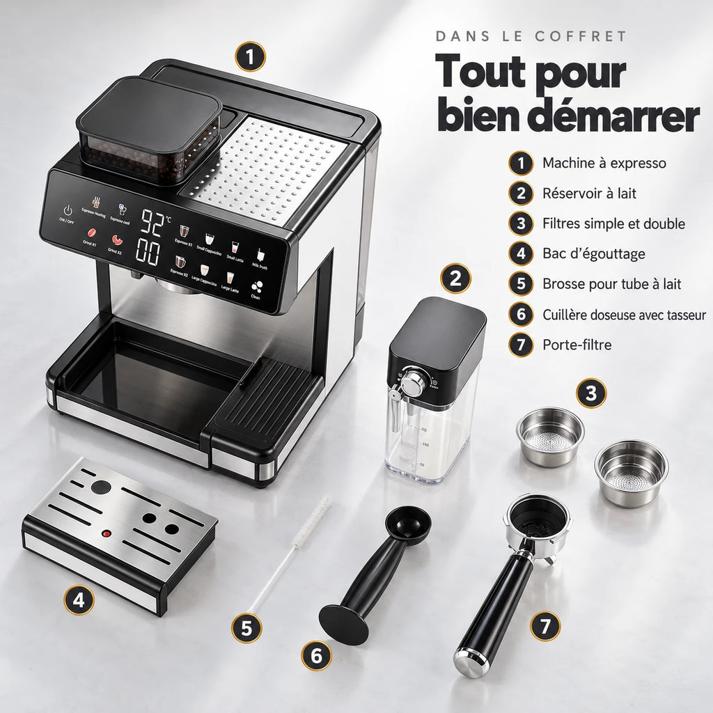 Caffelio Maestro Black – Machine à espresso avec broyeur intégré et mousseur automatique