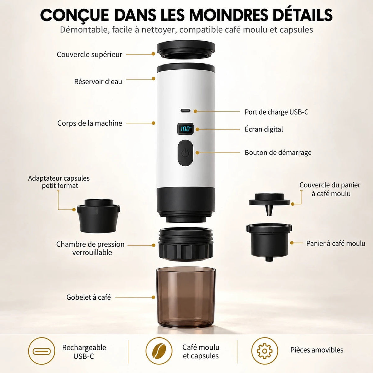 Caffelio Nomad Purple – Machine à espresso portable rechargeable