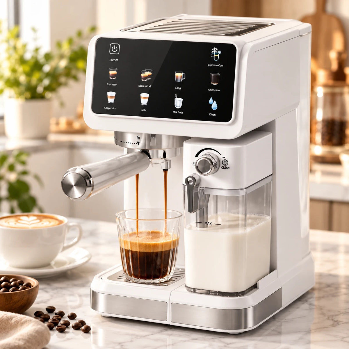 Caffelio Latteo, machine à espresso blanche avec écran tactile et mousseur à lait automatique