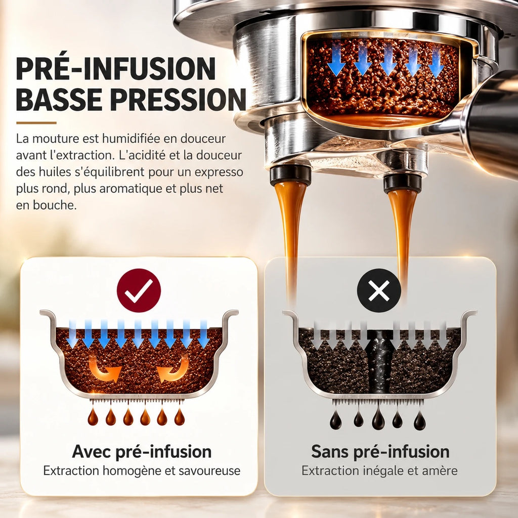 Pré-infusion basse pression de la Caffelio Latteo pour une extraction homogène