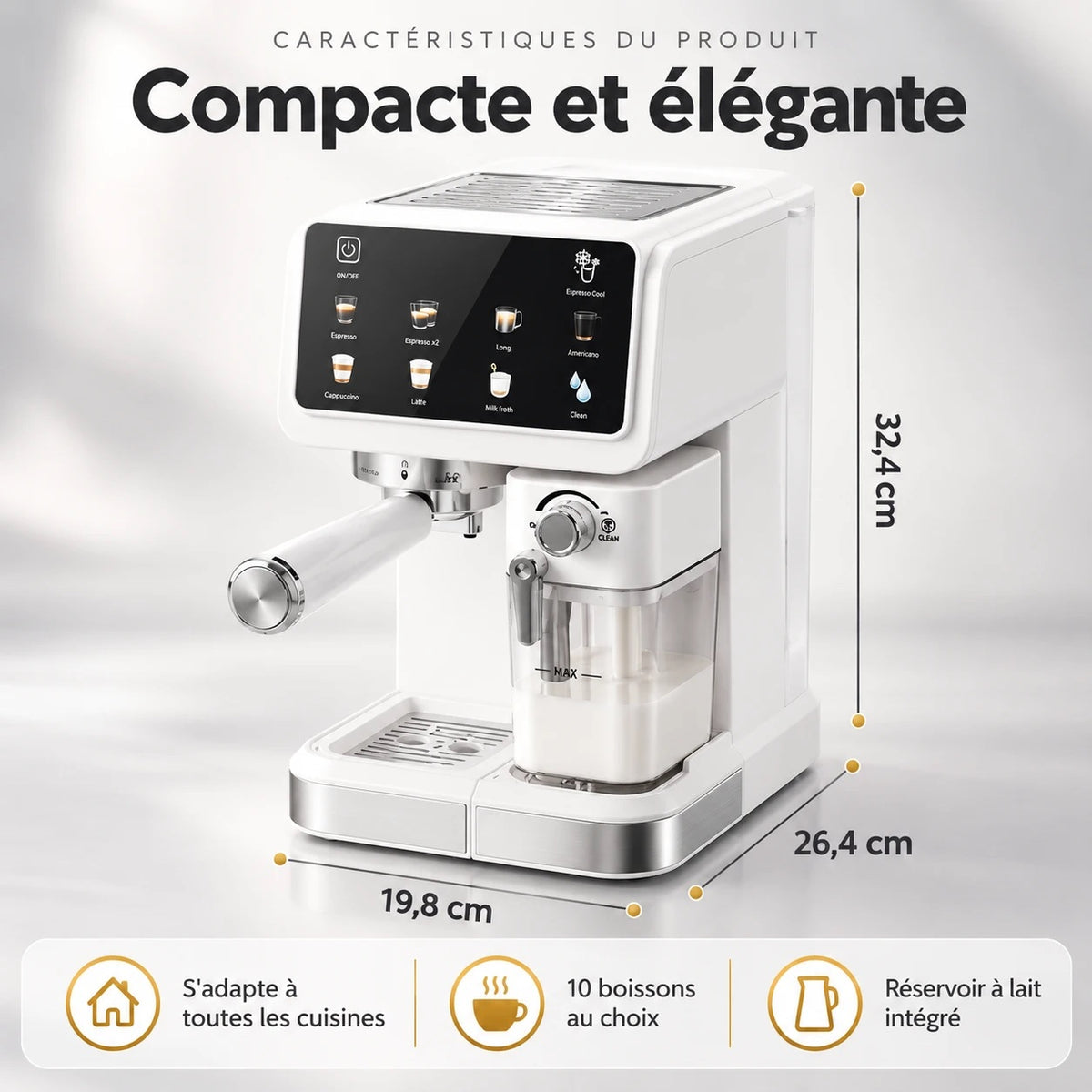 Dimensions de la Caffelio Latteo : 32,4 × 26,4 × 19,8 cm