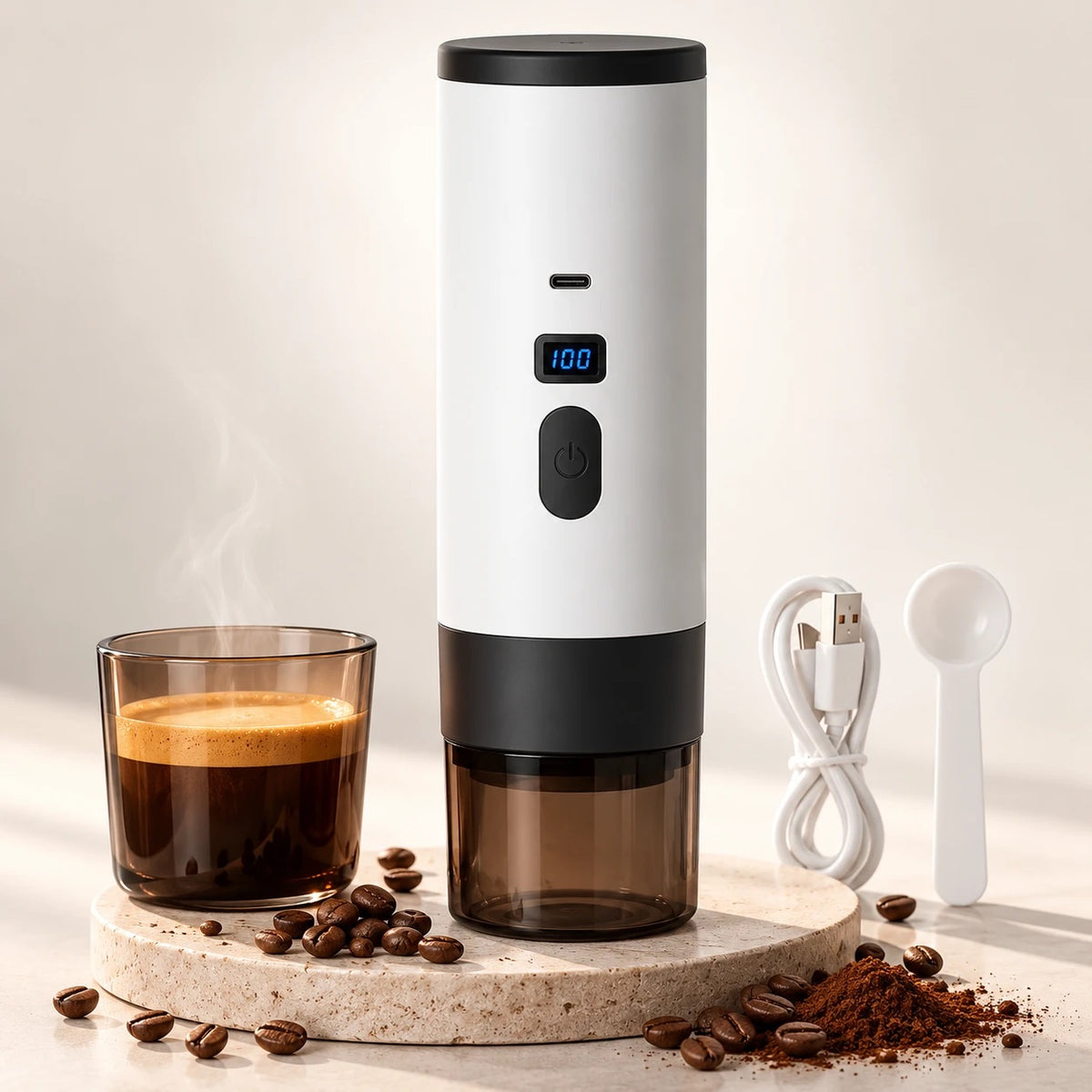Caffelio Nomad, machine à espresso portable rechargeable blanche avec un espresso